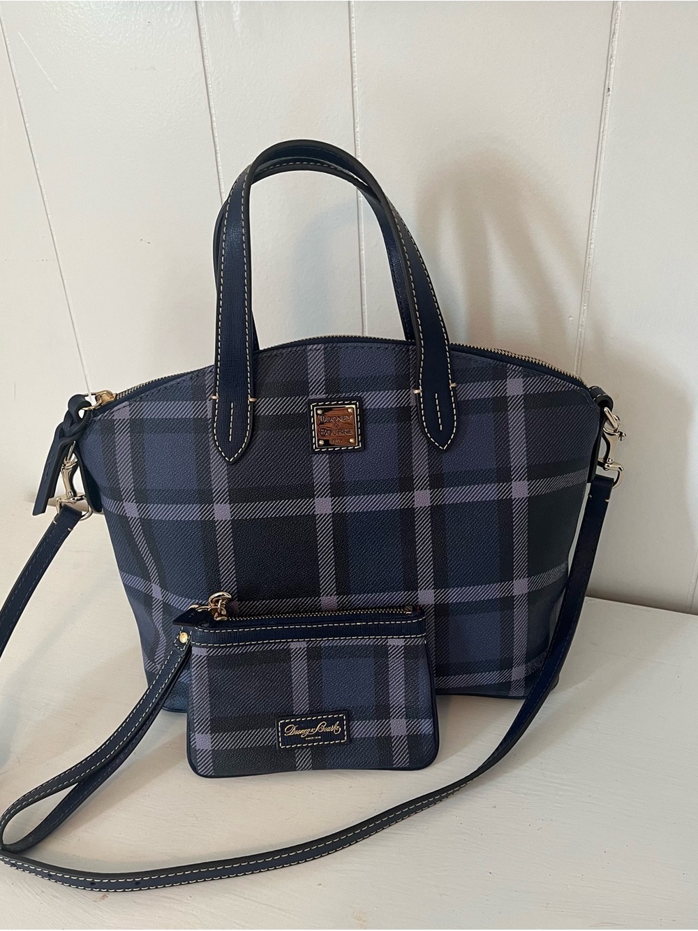Dooney & Bourke Graham Plaid Zip Satchel & Matching Wristlet Set – Blue/Gray